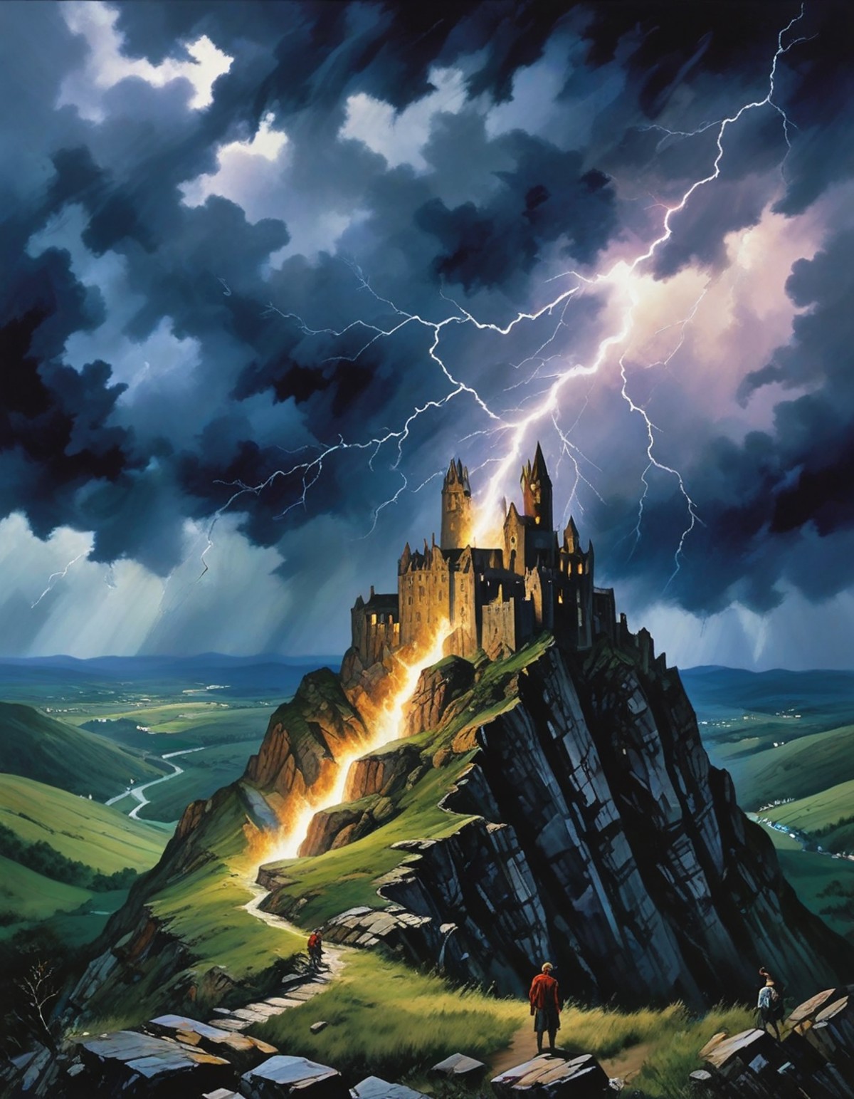 (lightning storm), Mountain cliffhanger, Grit and will against nature, Perilous ascent, by artist JK Rowling
